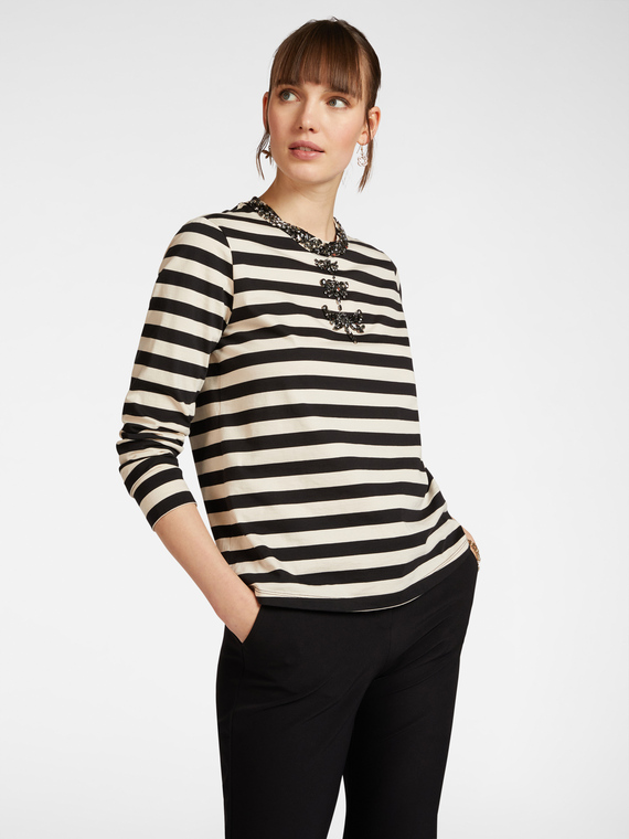 Striped T-shirt with dragonflies embroidery