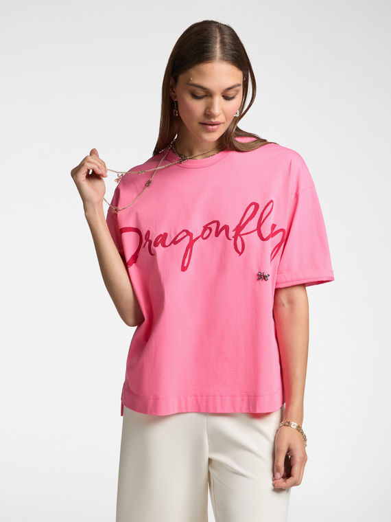 T-shirt with 'Dragonfly' lettering and embroidery